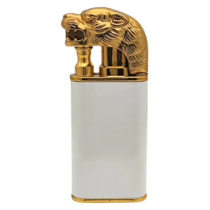 Briquet doré de luxe tête de lion | Blanc et Or | Torche à double flamme
