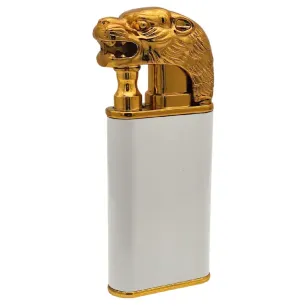 Luxuriöses goldenes Feuerzeug mit Löwenkopf | Weiß & Gold | Doppelflammenfackel