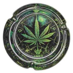Posacenere Rotondo in Vetro 10 cm | Serie psichedelica | Disegno 5 | Foglia di cannabis 1