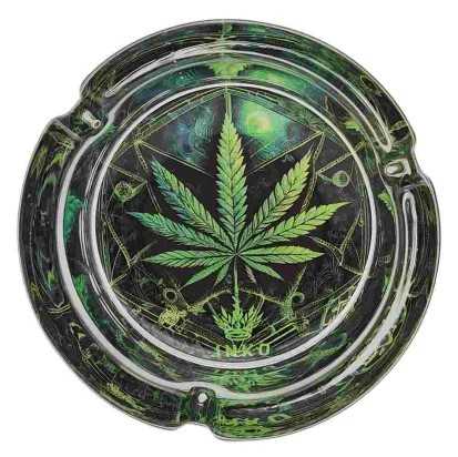 Cenicero Redondo Vidrio 10cm | Serie Psicodélica | Diseño 5 | Hoja de cannabis 1