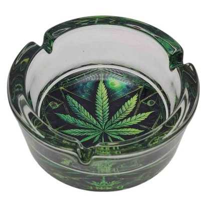 Posacenere Rotondo in Vetro 10 cm | Serie psichedelica | Disegno 5 | Foglia di cannabis 1