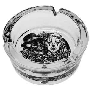 Aschenbecher Rund Glas 10cm | Chicano Tattoo-Kunstserie | Entwurf 2 | Bonny & Clyde 2