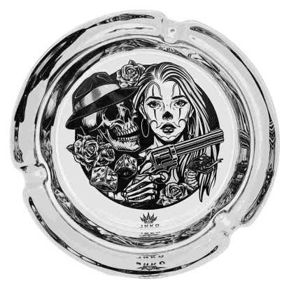 Aschenbecher Rund Glas 10cm | Chicano Tattoo-Kunstserie | Entwurf 2 | Bonny & Clyde 2