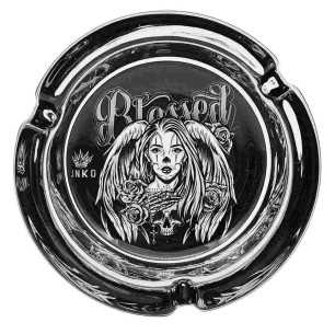 Aschenbecher Rund Glas 10cm | Chicano Tattoo-Kunstserie | Entwurf 4 | Gesegneter Engel