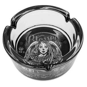 Aschenbecher Rund Glas 10cm | Chicano Tattoo-Kunstserie | Entwurf 4 | Gesegneter Engel