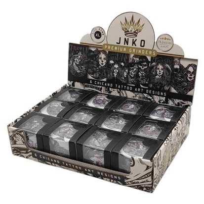 Display Grinder 4 Pezzi XL | Alluminio | 55 mm | Serie di arte del tatuaggio chicano | Disegno 1-6 | 12 pezzi/espositore